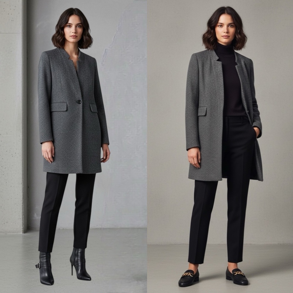 Zara Gray Black Herringbone Tweed Single Closure Jacket Mandarin Collar Coat XS